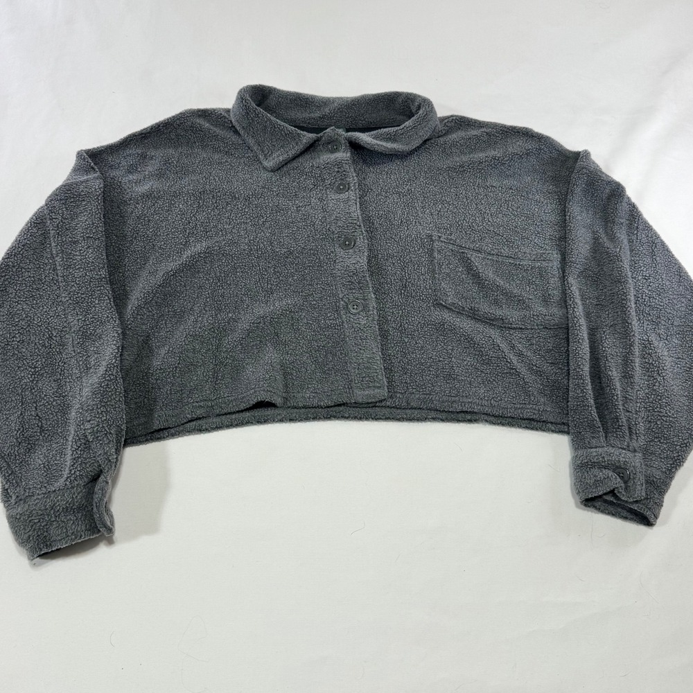 Wild Fable Fleece Cropped Shirt Women Large Gray Long Sleeve Button Up Shacket L